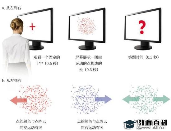 试验证明：安德里亚·阿拉米亚和同事们所进行的试验证明了无意识学习过程的存在。受试者首先要盯着屏幕上的一个十字，然后观看一团由朝着不同方向运动的点构成的云，并判断点阵云的整体运动方向是向左还是向右（a）。受试者不知道，在点阵云的三种颜色中，有两种颜色与运动方向有关（b）。试验结果表明，受试者都学会了将点的颜色和它的运动方向联系起来，尽管他们自己并没有意识到。